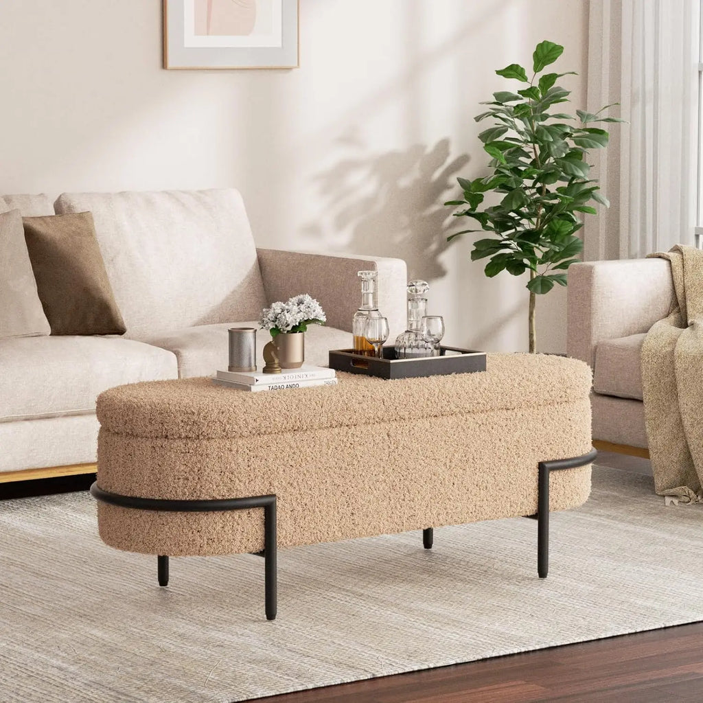 Beige Storage Ottoman Bench with Metal Stand, Upholstered Sherpa Stool, 45''L, Modern Storage Bench for Living Room, Bedroom, En