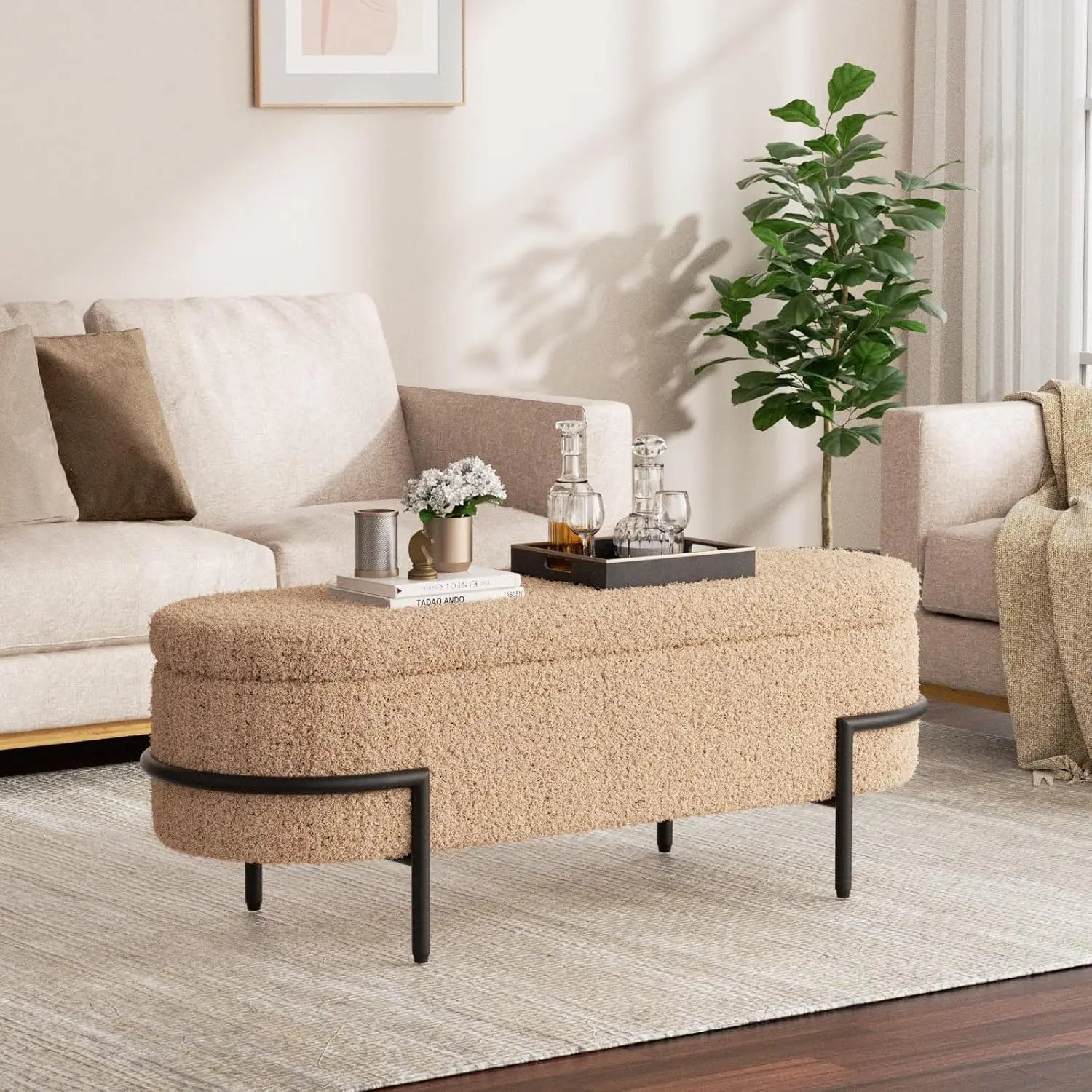 Beige Storage Ottoman Bench with Metal Stand, Upholstered Sherpa Stool, 45''L, Modern Storage Bench for Living Room, Bedroom, En