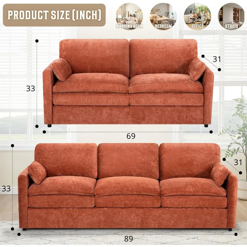 2 Pieces Chenille Couch Set with Well-Filled Pillows, Modern 3 Seats and 2 Seats Sofa with Soft Backrests, Classic Upholstered S