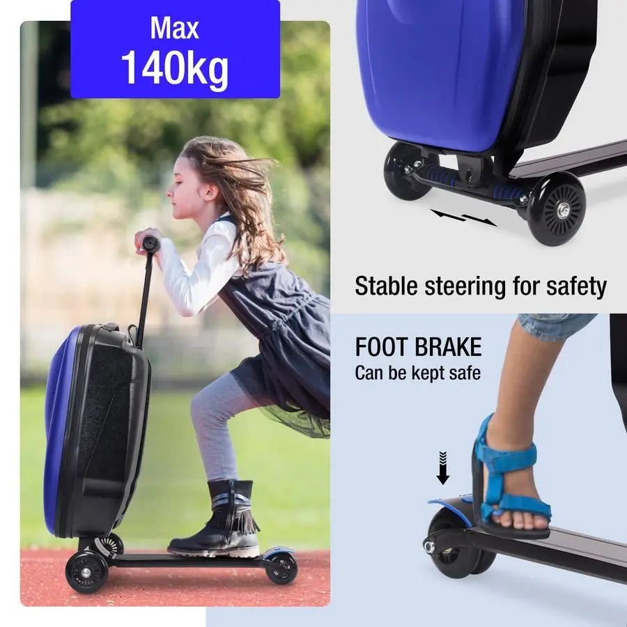 Kids Scooter Suitcase RideOn CarryOn 2in1 Lightweight Hardshell Luggage for Airplane Travel, Foldable Rolling Suitcase for Boys