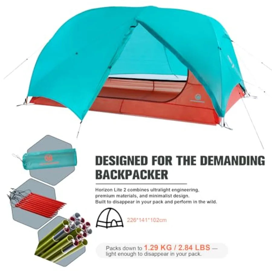 Backpacking 2 Person Ultralight Tent Freestanding 3Season Waterproof Double Doors Horizon Lite 2 Seafoam Blue