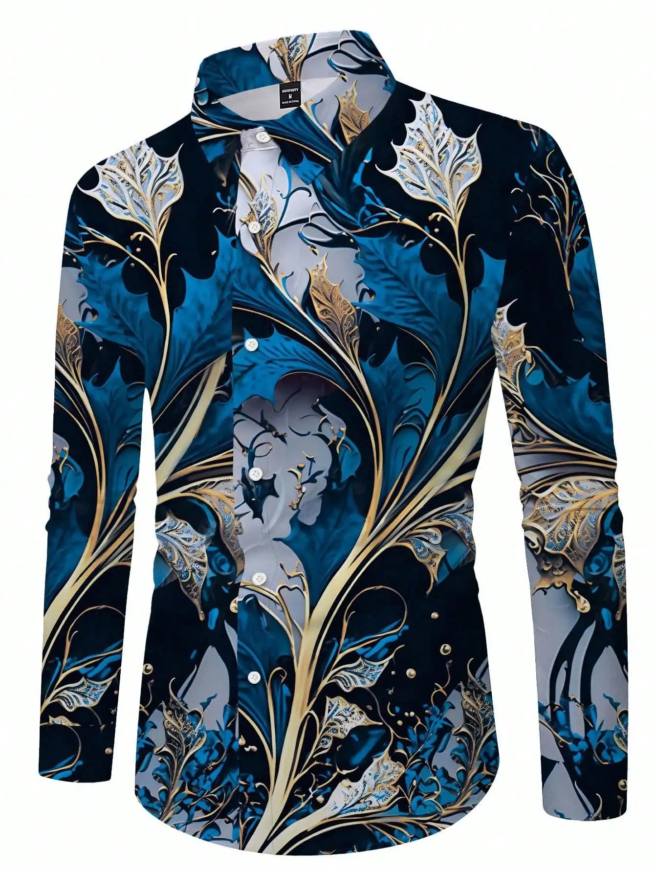 Men's Long Sleeve Shirt with Blue Gold Floral Baroque Print, Casual Luxury Fit for Spring Fall