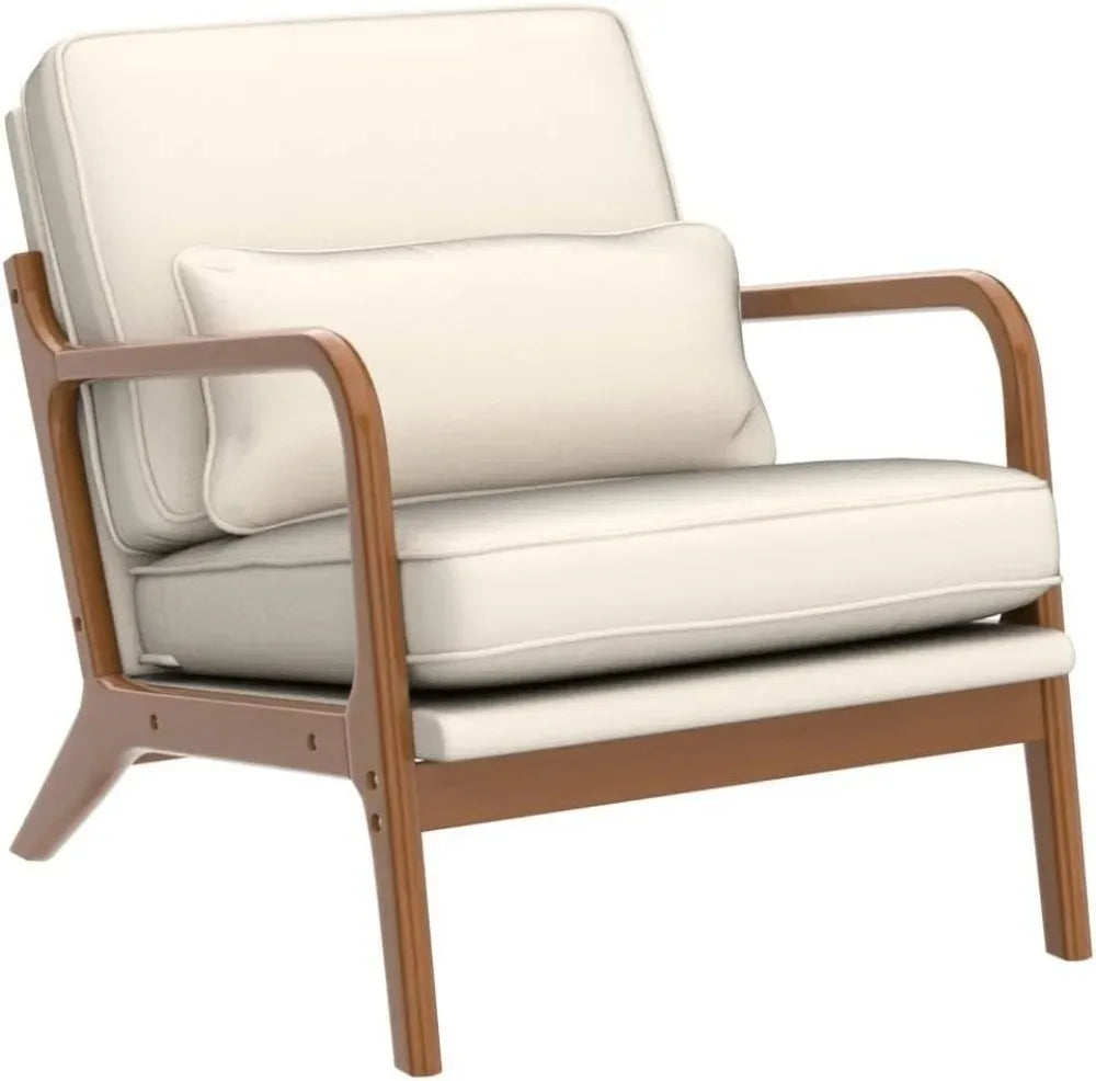 Mid-Century Modern Accent Chair, Living Room Chairs with Pillow Corduroy Upholstered Lounge Armchair with Solid Wood Frame