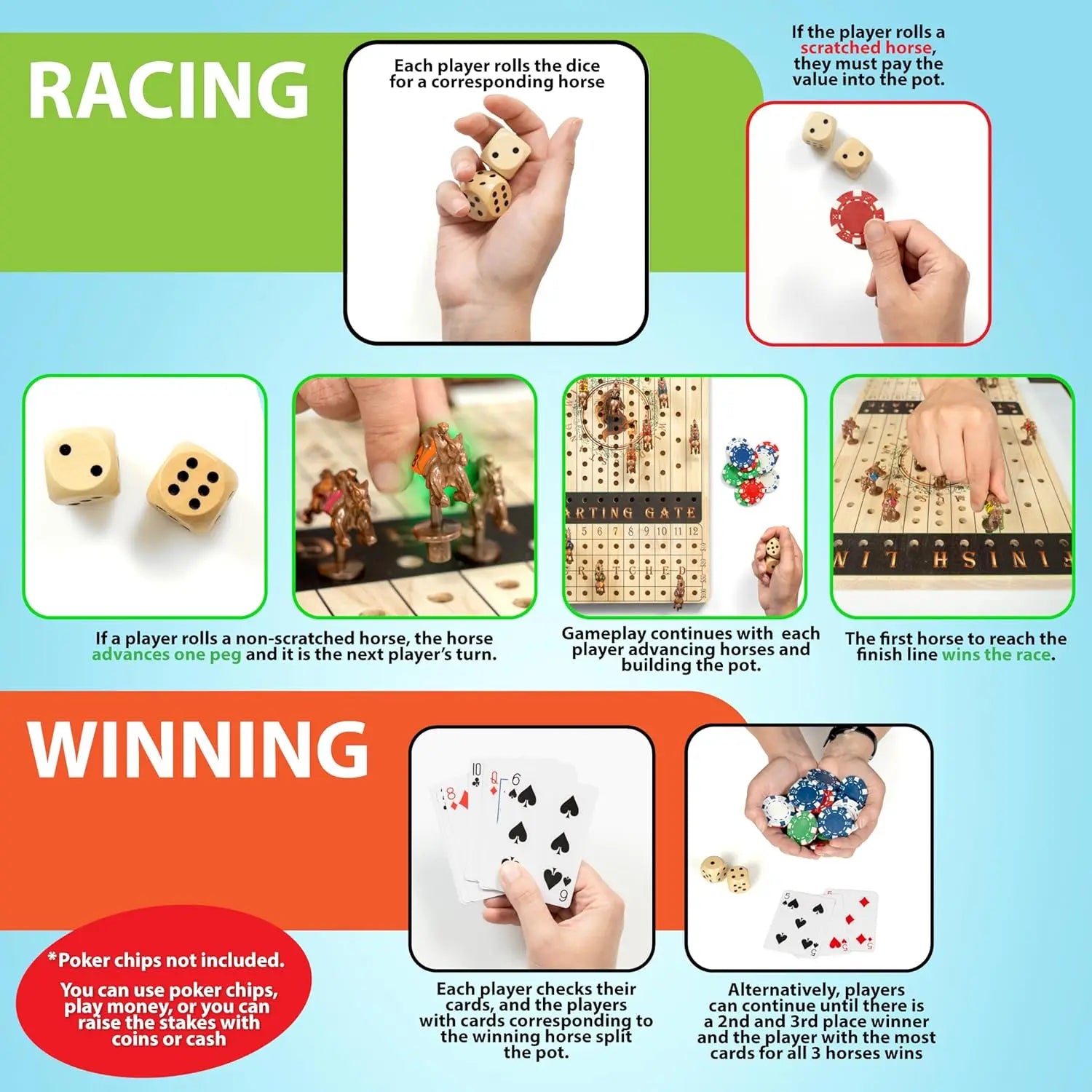 New Metal Horse Race Board Game with 11 Horses, Dice, Cards, Wooden Chessboard - Adult Family Party Game