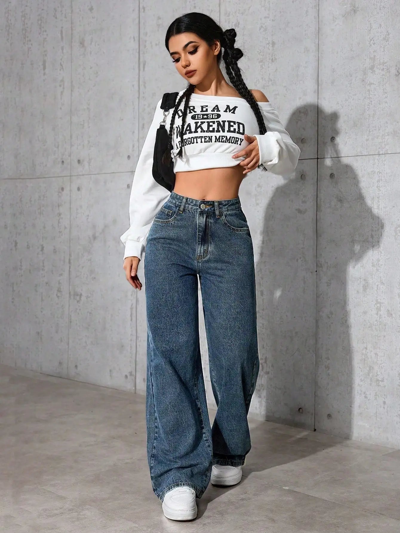 High Waist Wide Leg Black Denim Jeans for Women, Casual Streetwear Style