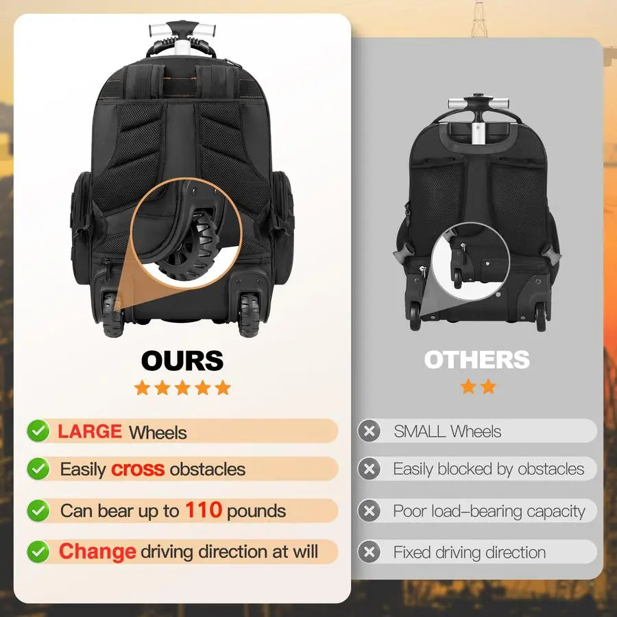 Tool Bag with Wheel, Rolling Tool Backpack for Electrician Heavy Duty Roller Tool Bag on Wheel for Construction Work, 75 Pockets
