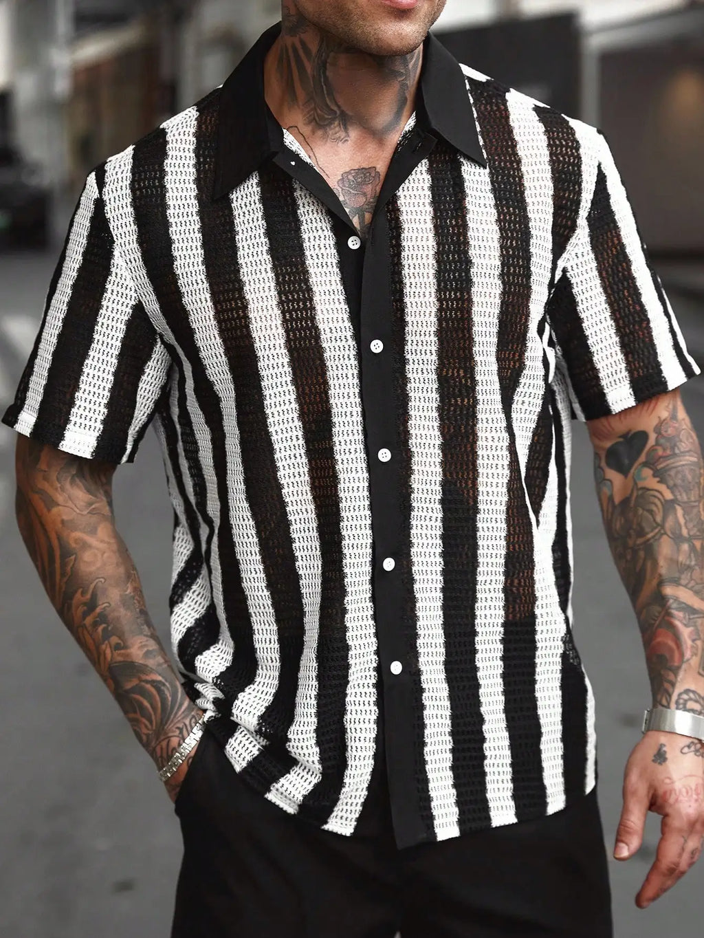 Men's Striped Knitted Short-Sleeve Casual Shirt with Button Placket