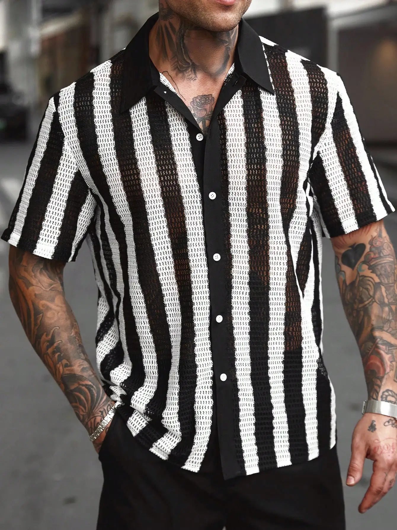 Men's Striped Knitted Short-Sleeve Casual Shirt with Button Placket