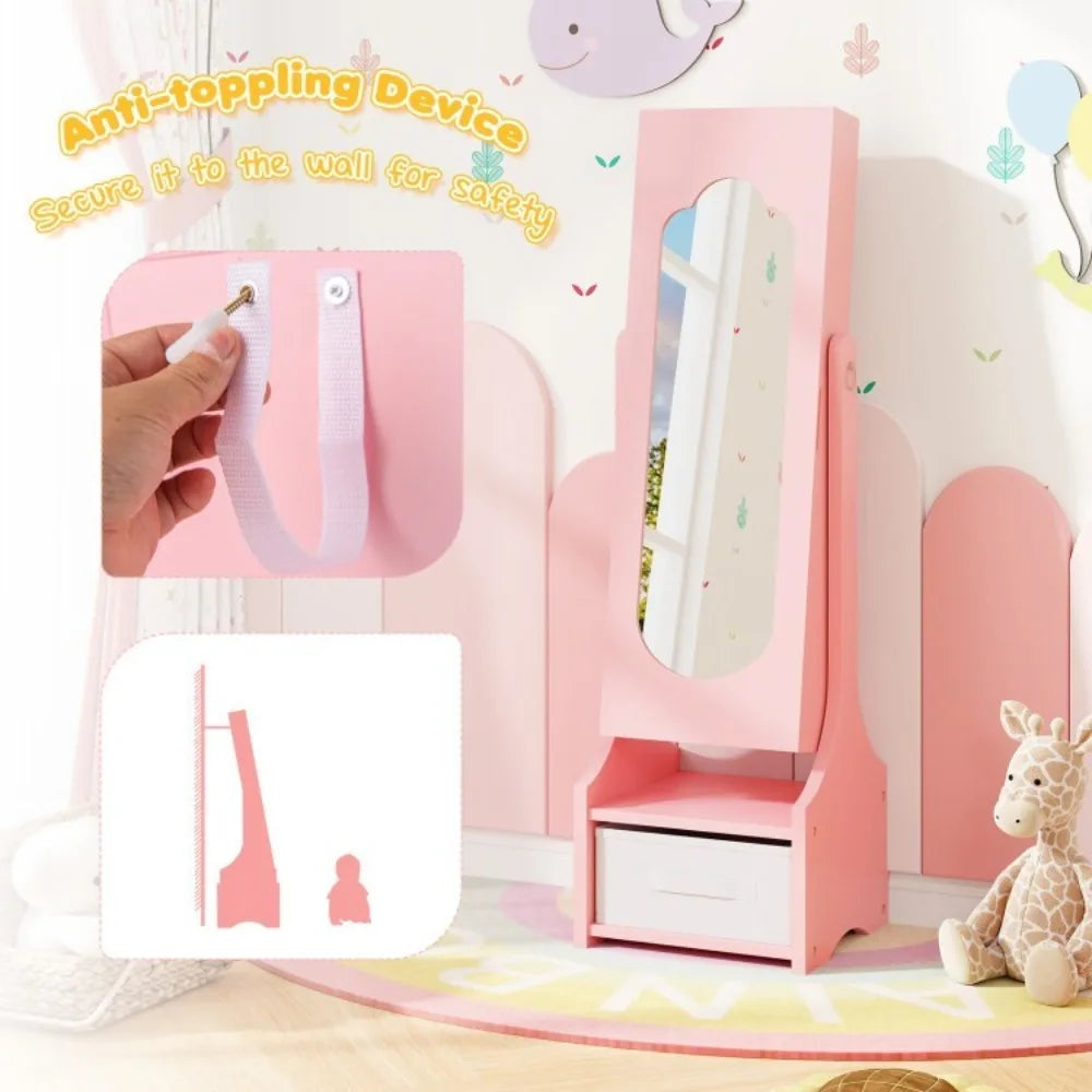 Freestanding Kids Jewelry Organize Armoire Cabinet w/Storage and 2 Tilt Angles