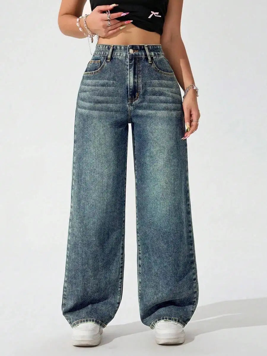 High Waist Wide Leg Jeans for Women, Light Washed Retro Denim Pants, Casual Streetwear Style