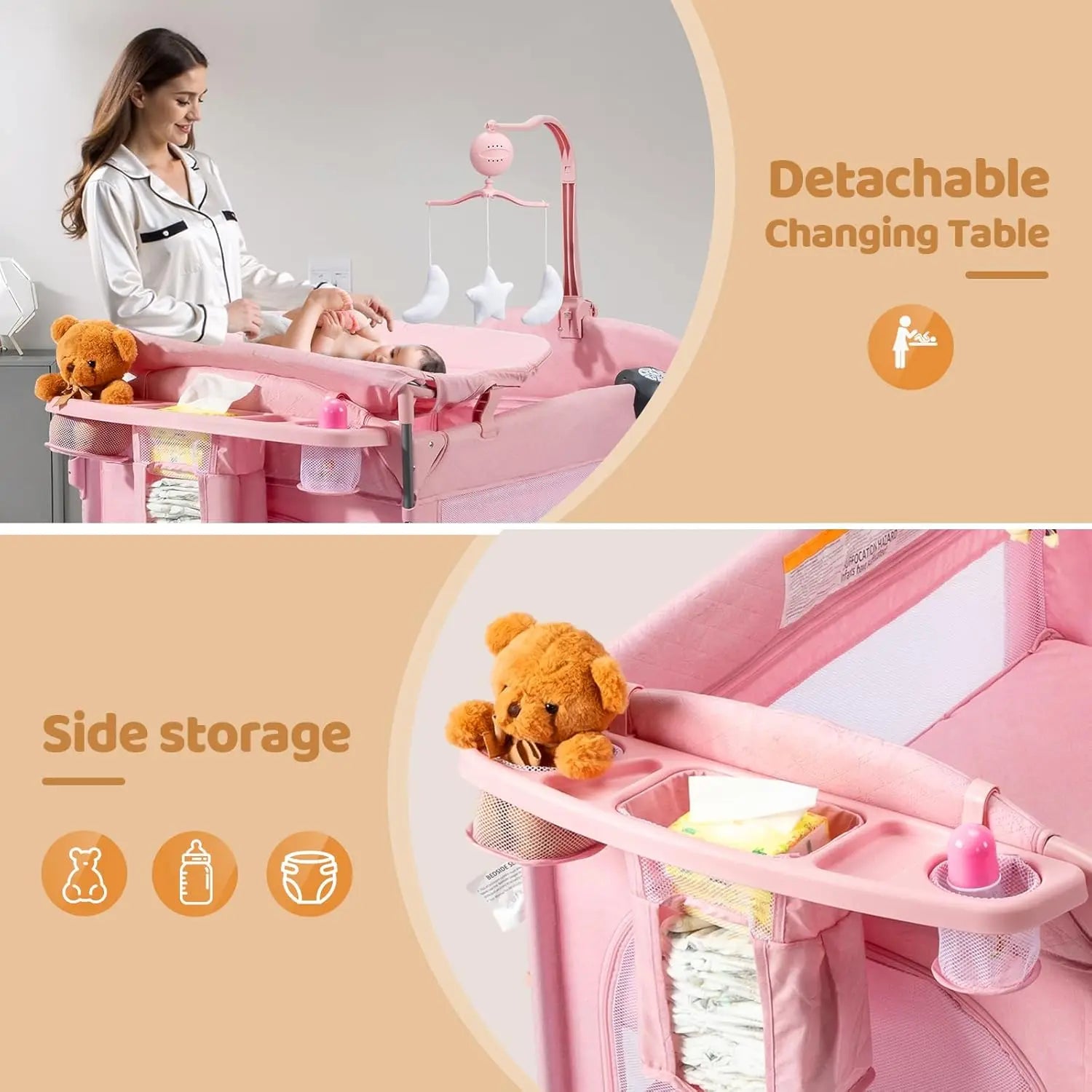 9-in-1 Convertible Baby Bassinet with Changing Table, Music Center, Mosquito Net & Storage - Pink