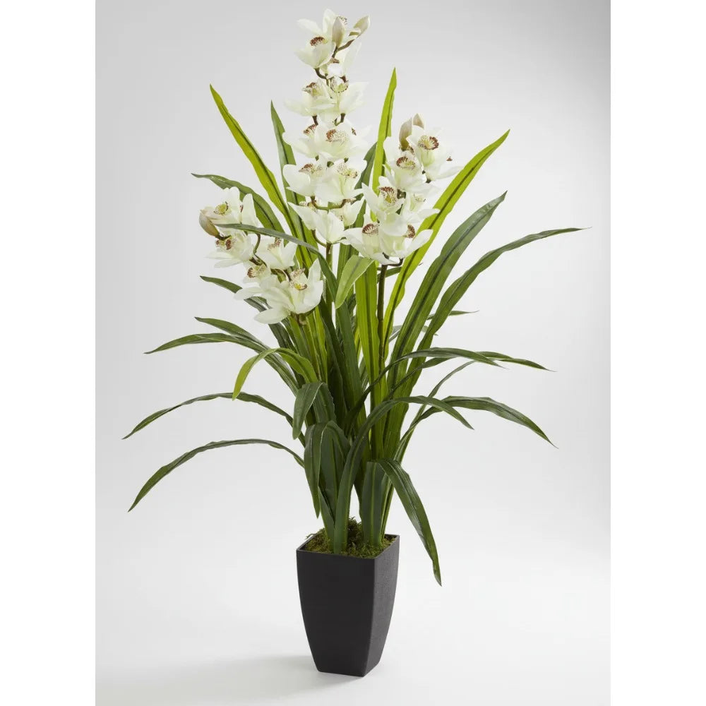 45in Artificial Cymbidium Orchid Plant with White Blossoms - Realistic Home Decor for Living Room Entryway