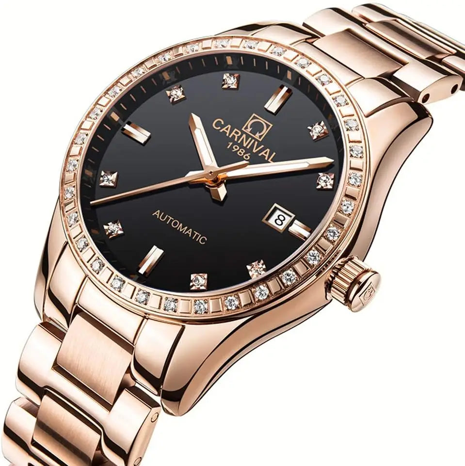 Elegant Blue Sapphire Waterproof Automatic Mechanical Watch for Women, Rose Gold Stainless Steel