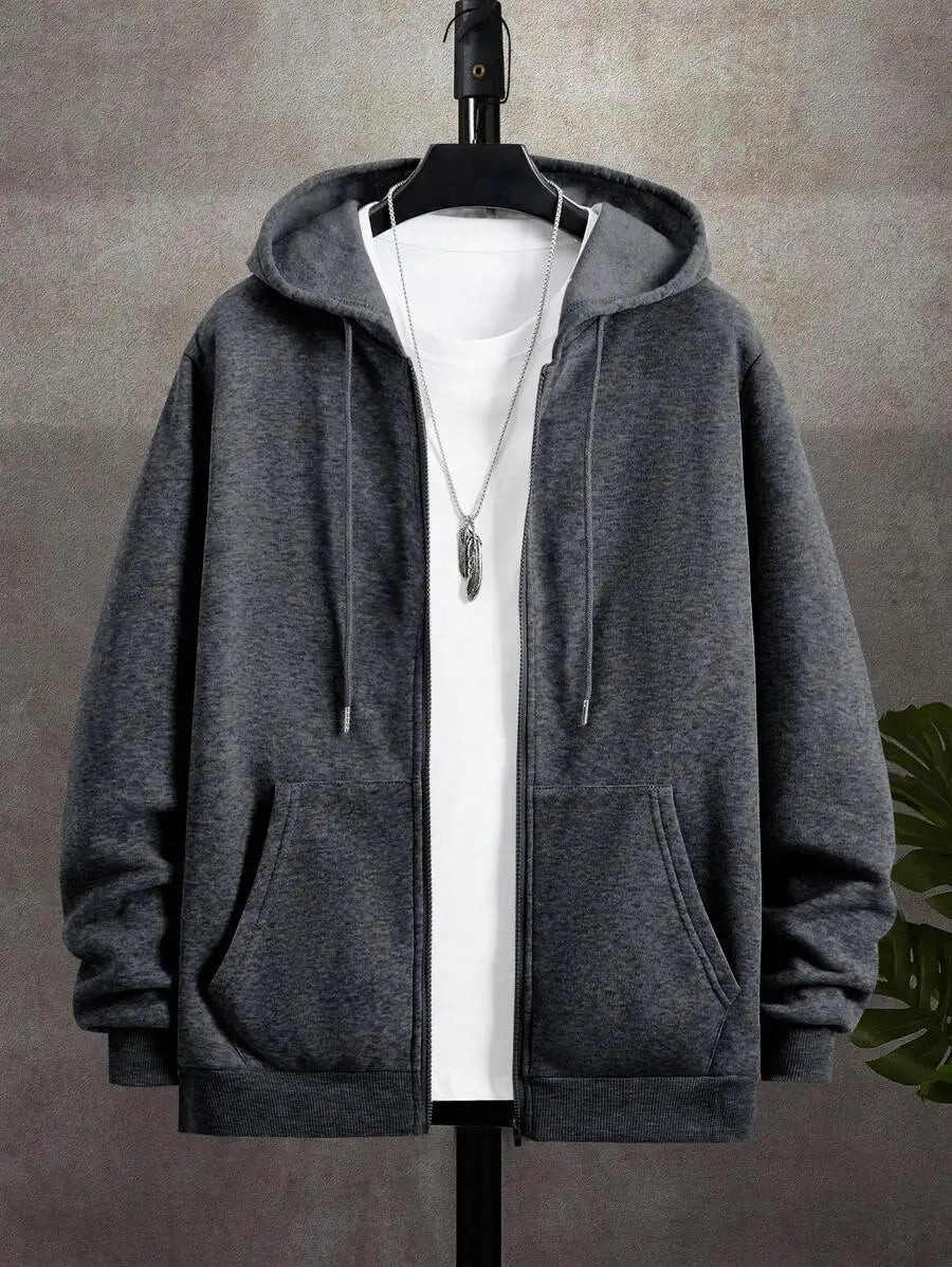Men's Casual Zip-Up Hoodie with Drawstring, Long Sleeve, Autumn Outdoor Wear