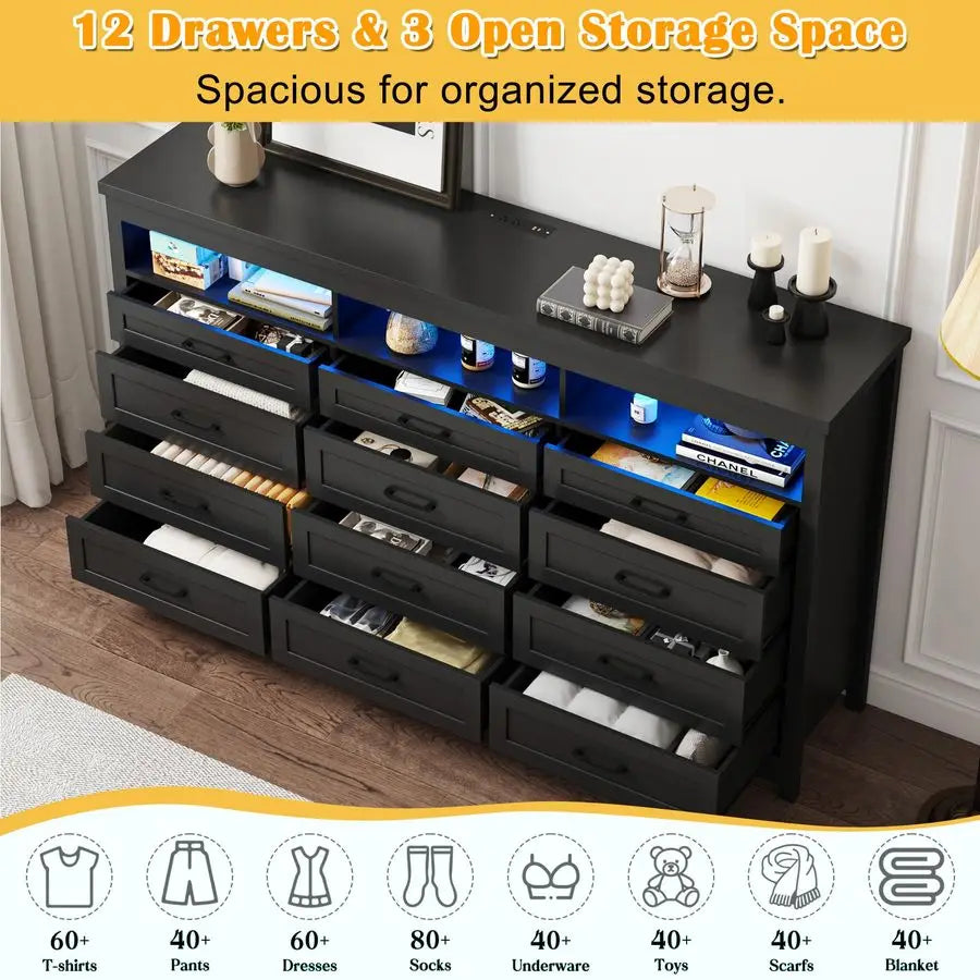 12 Drawer Dresser with LED Lights, 71 Wide Large Chest of Drawers for Bedroom, Modern Wood Dresser Storage Organizer with Charg