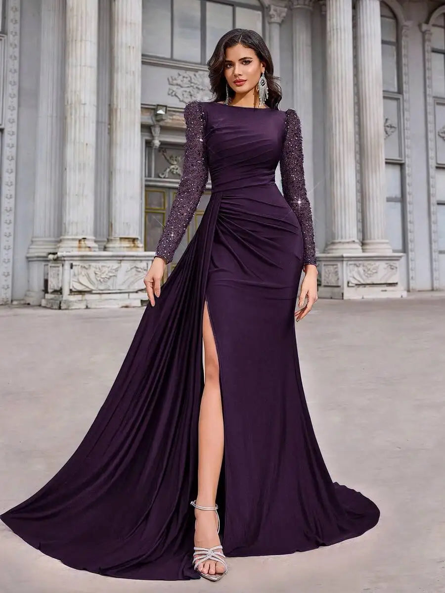 Coffee Brown Sequin Long Sleeve Ruched Fishtail High Slit Evening Dress for Gala Birthday Formal Occasion