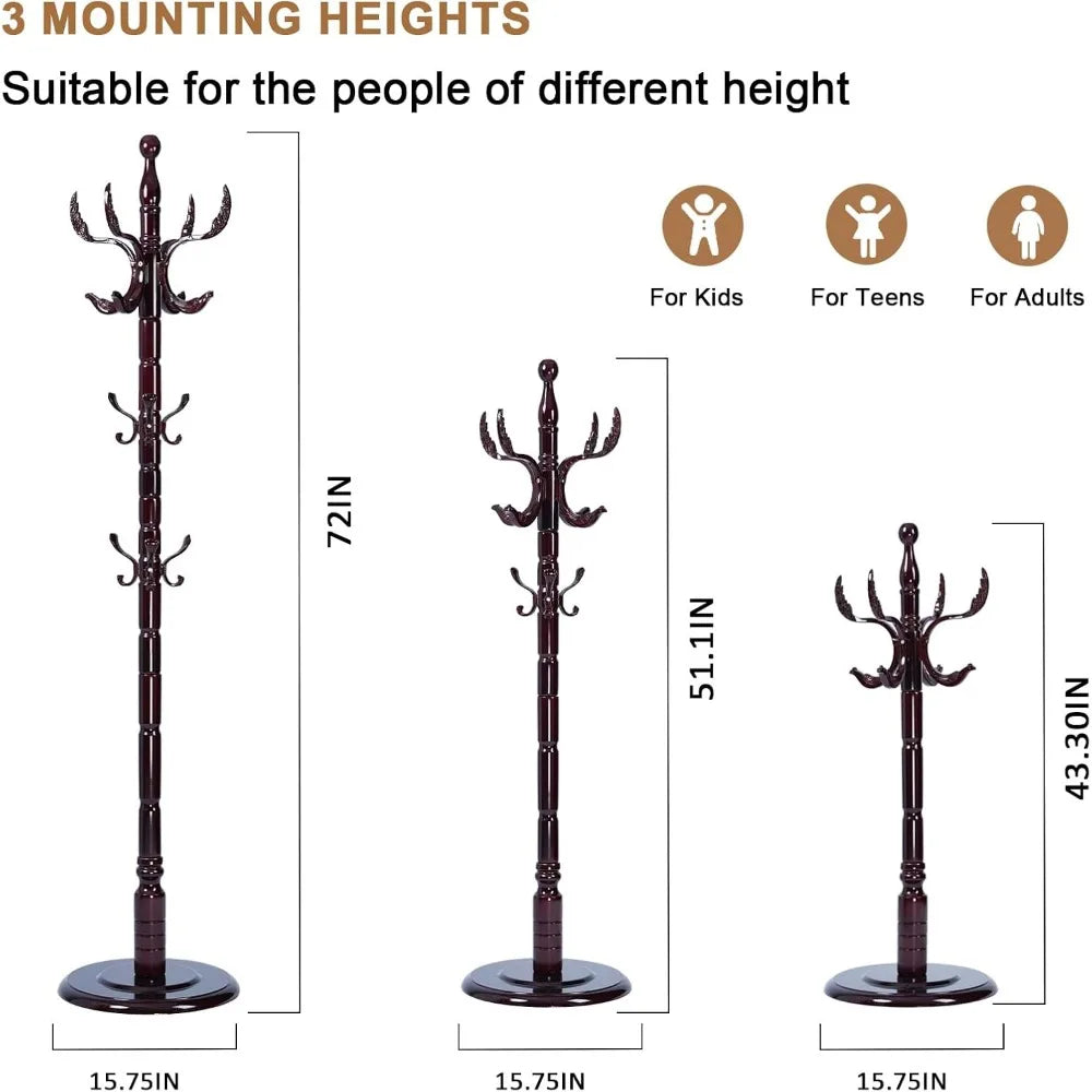 Solid Wood Coat Rack, Free Standing Hall Coat Tree with 14 Hooks, 3 Height Options, 300lbs Load, Stury Base, Clothes Rack for En