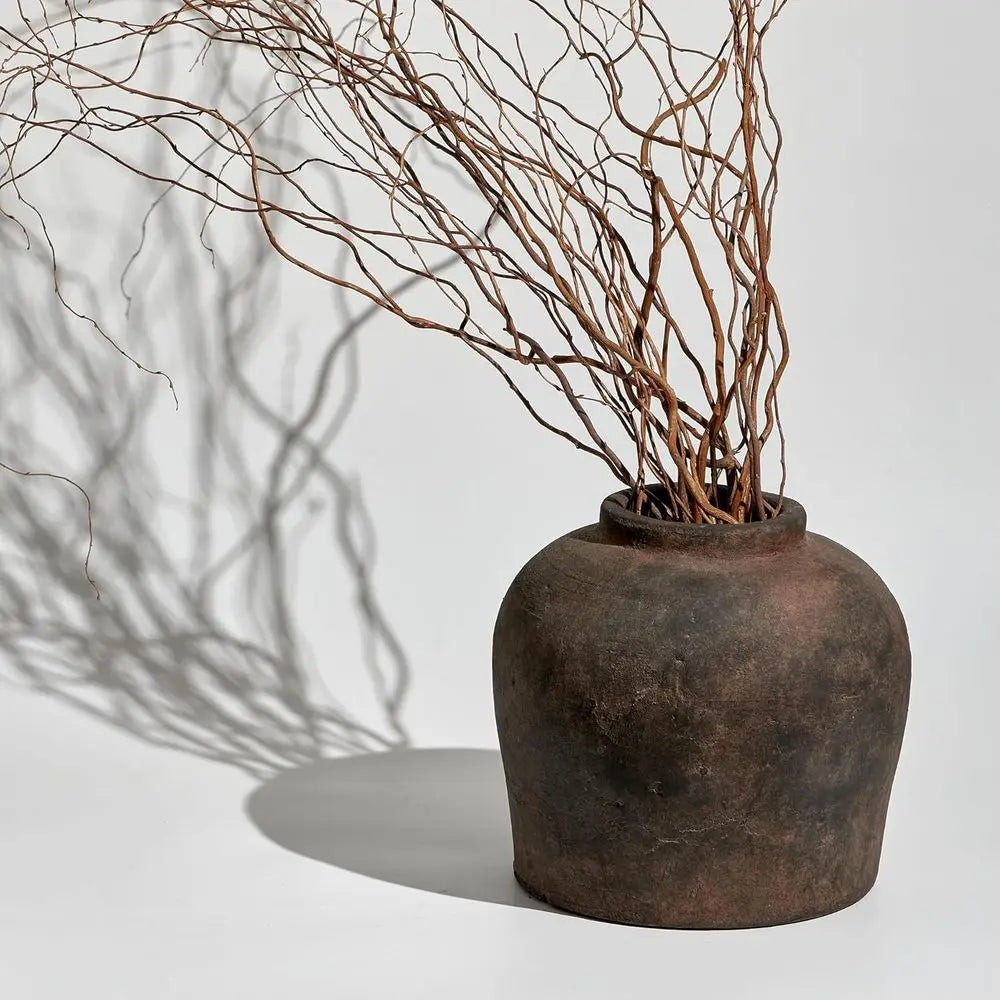 Eleven-Inch Zen-Inspired Brown Ceramic Vase, Terra Cotta Style, Distressed Farmhouse Decorative Pottery for Home
