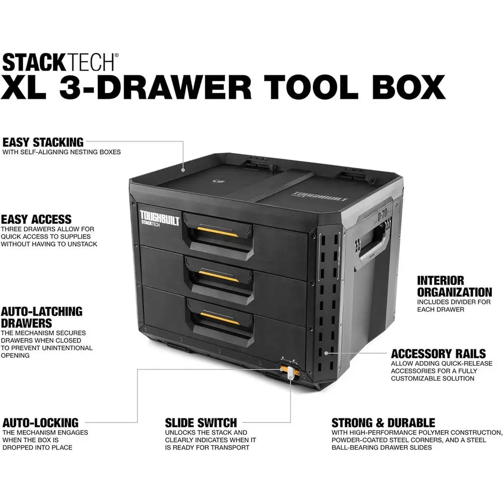 XL 3 Drawer Tool Box, Heavy-Duty Portable Tools Chest, 50 lb Capacity - Stackable Toolbox Storage Organizer with 22 Dividers, Au