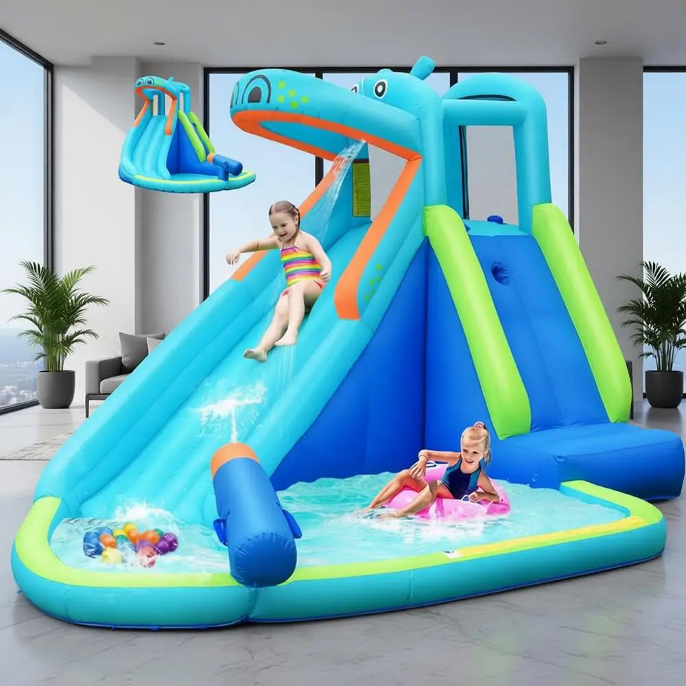 Hippo-Themed Inflatable Water Slide for Kids & Adults: Backyard Water Park with Climbing and Bounce House (No Blower Included)