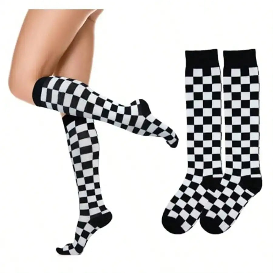 Black and White Checkered Knee High Socks for Women - Cotton Blend, Cute Knit Pattern, Athletic Style