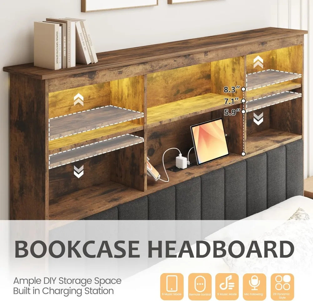 Queen Bed Frame with Headboard, High Storage Bookcase, 4 Drawers, LED Lights & Charging Station, Noise-Free Metal Support