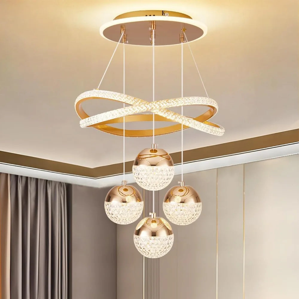 Modern Gold LED Chandelier, 3-Color Dimmable Pendant Light for Kitchen Island, Dining Room, Living Room