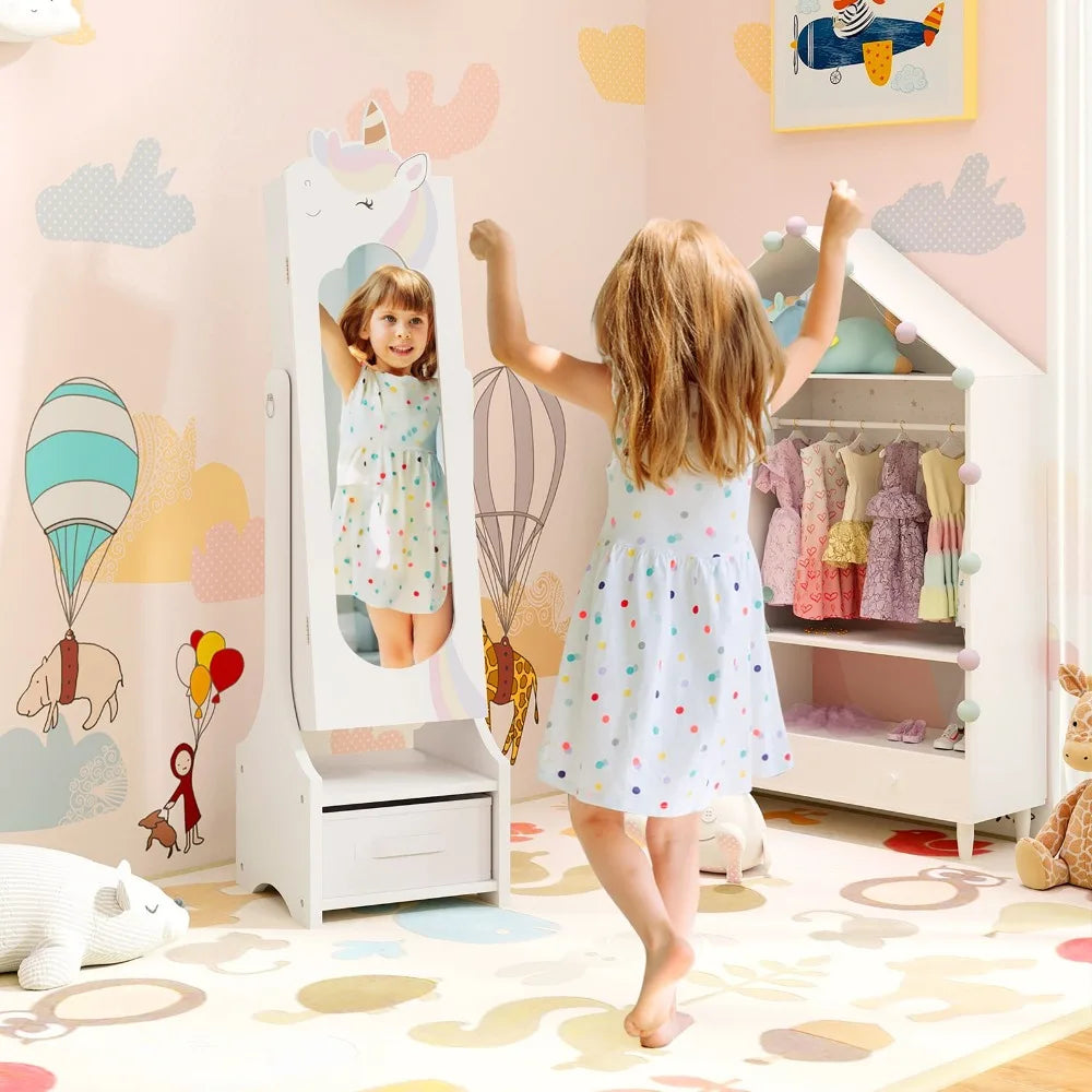 Kids Jewelry Cabinet w/ Full-Length Mirror 2 Adjustable Tilt Angles Drawer White