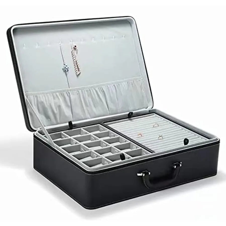 Jewelry Box Carriable Large Commercial Organizer with Handle Zipper Faux-Leather Accessory Case Storage with Trays Gift for Wom