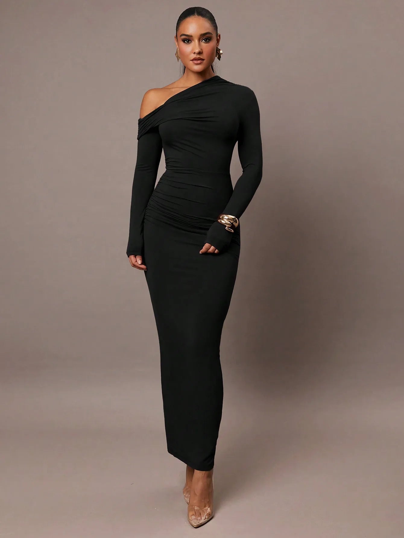 Solid Color Stretch Knitted, Sloping Shoulder Collar, Romantic Date, Autumn And Winter Bottoming Knitted Dress,