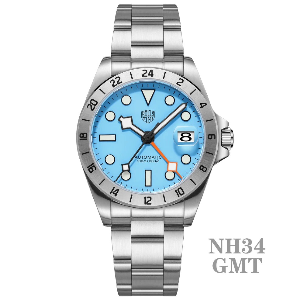 RollsTimi New luxury Automatic Mens Watch GMT NH34 Stainless Steel Mechanical Waterproof Wrist Watch for Men Sapphire Dial Watch