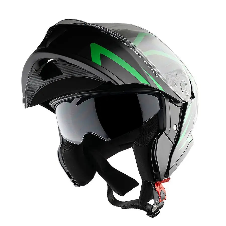 New Motorcycle Bike Modular Full Face Helmet Dual Visor Sun Shield with Rechargeable LED Tail Light LEDX90 Arrow Green