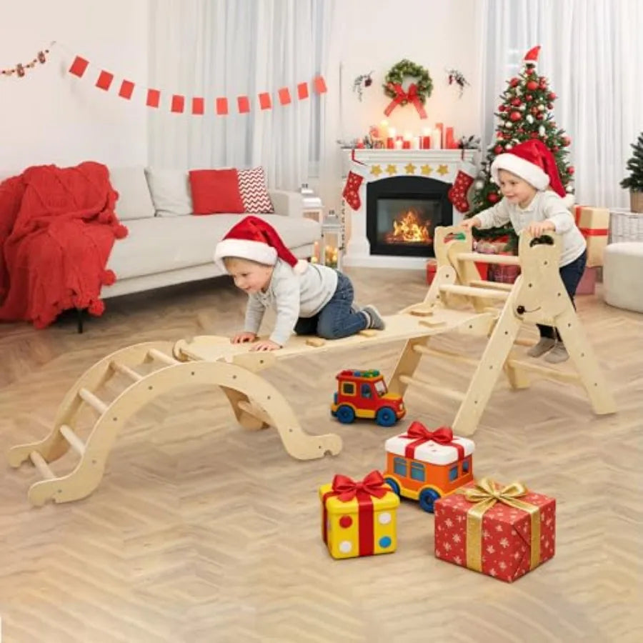 Large Foldable Toddler Climbing Toys Indoor Jungle Gym Pikler Triangle Set with Cushion S-lide and Arch 7-in-1 Montess