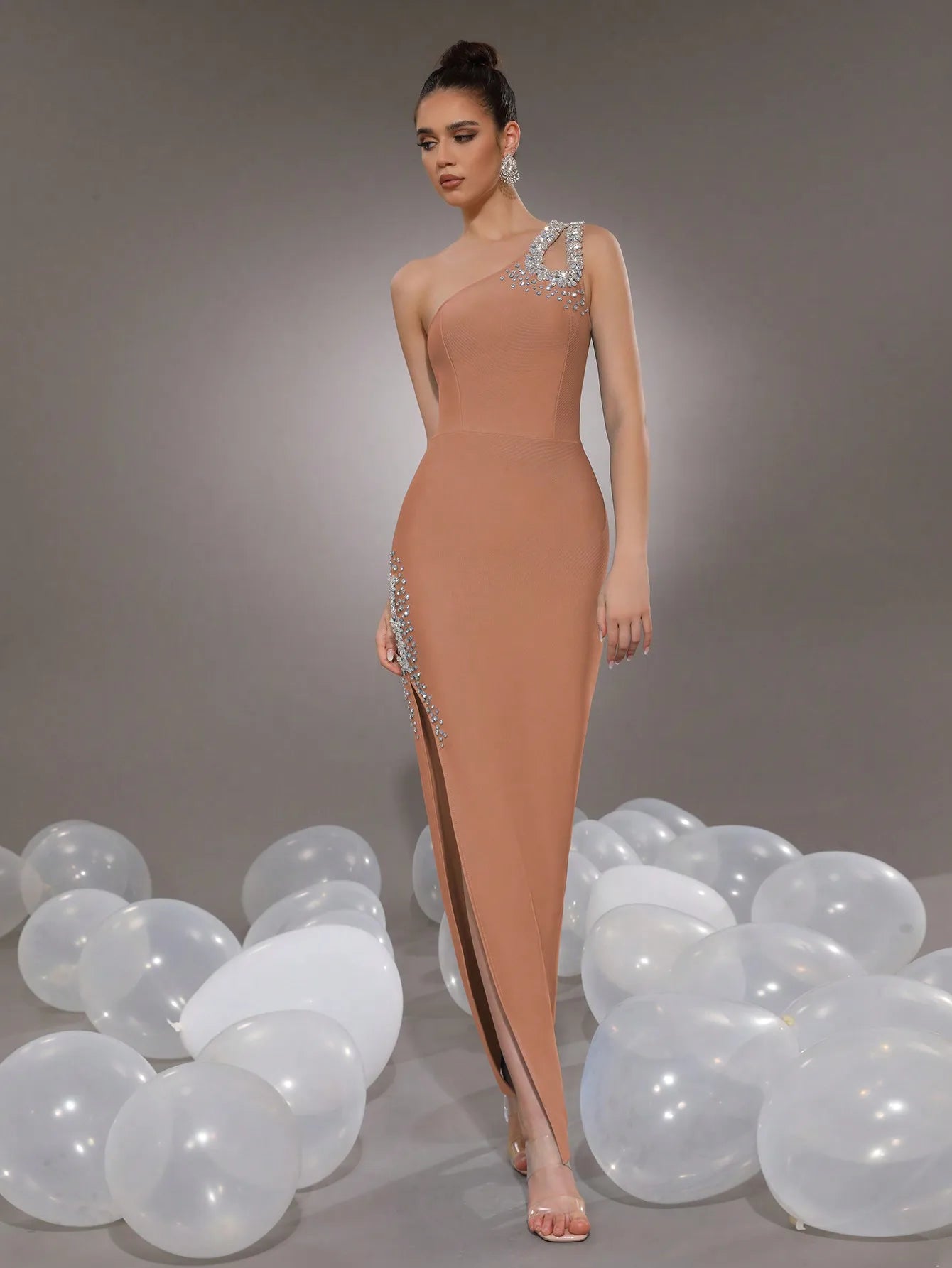 Black One-Shoulder Rhinestone Bodycon Maxi Dress with High Slit for Formal Evening Prom Wedding