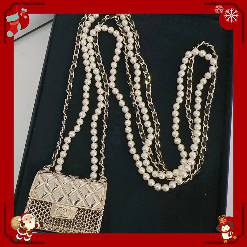 Internet Celebrity Star Same Pearl Bag Letter Crossbody Chain High Sense Long Necklace
