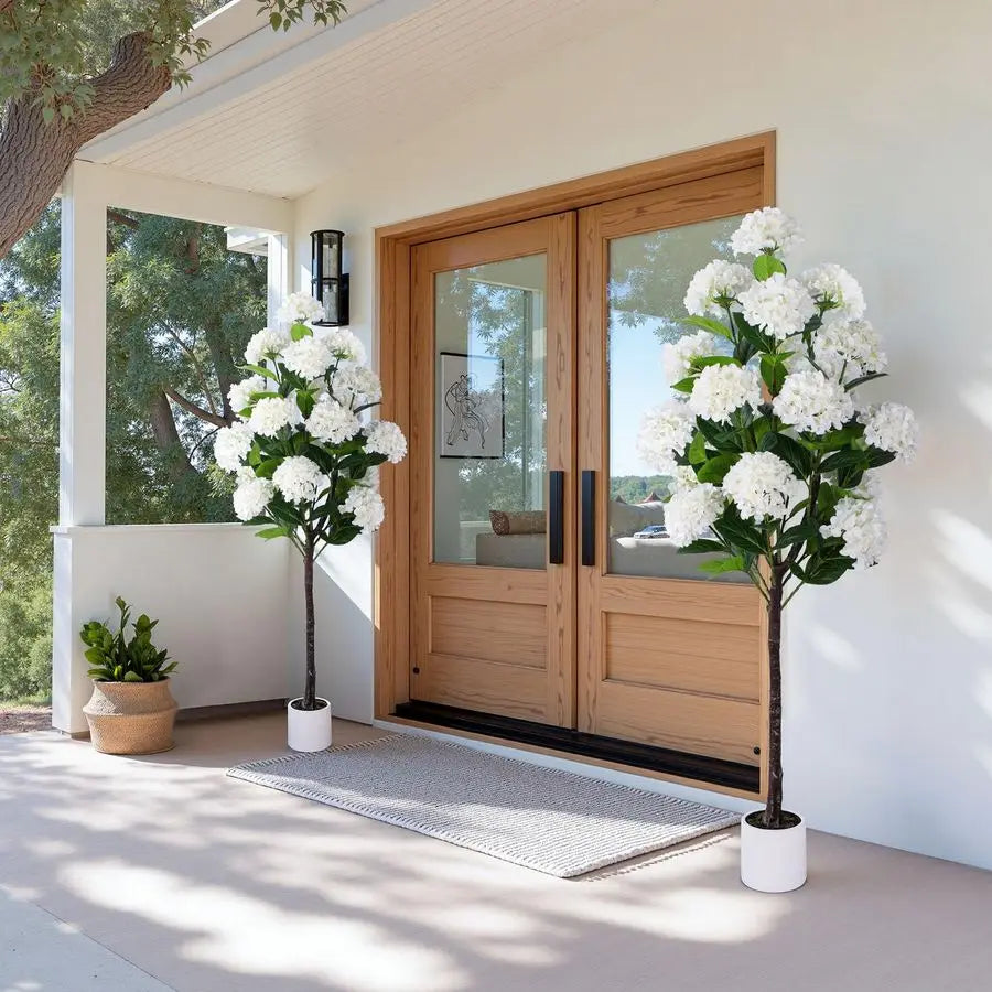 FT Artificial Hydrangea Tree Large Faux Hydrangea Plants Indoor OutdoorFake Flower Trees with White Tall Planter for Home Garden