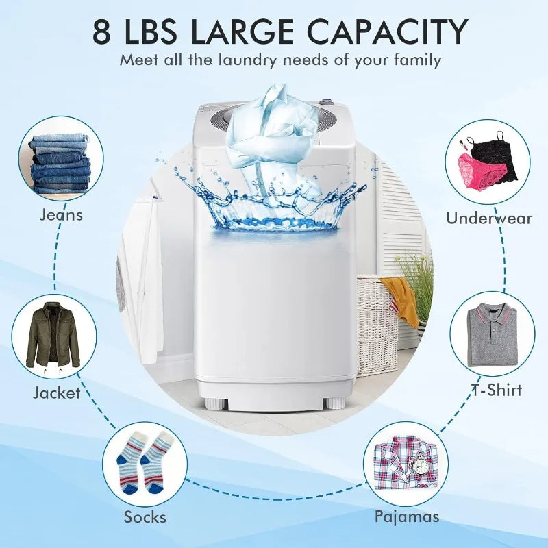 Full-Automatic Portable Washing Machine, 8 LBS Capacity w/6 Programs & 3 Water Levels, LED Display, Drain Pump, Compa