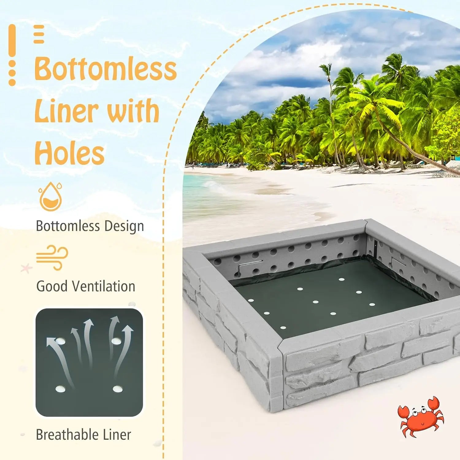Sandbox with Cover, 47x47 Inch Square Sand Pit for Backyard, Bottom Drainage Oxford Liner, Playful All Weather Resistant Sa