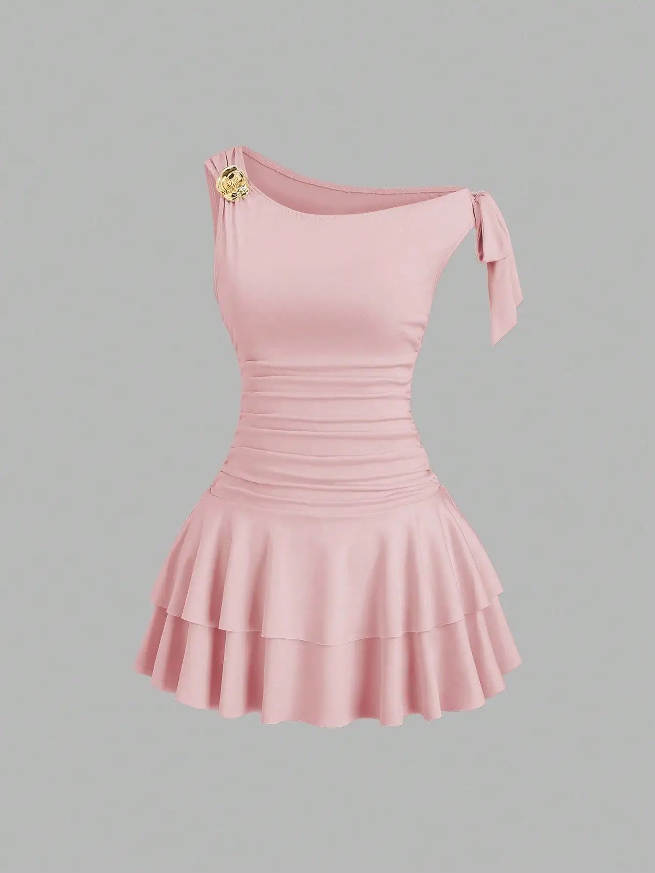 Women's One Shoulder Ruffle Mini Dress with Floral Brooch, Fitted Waist, Elegant Evening Wear