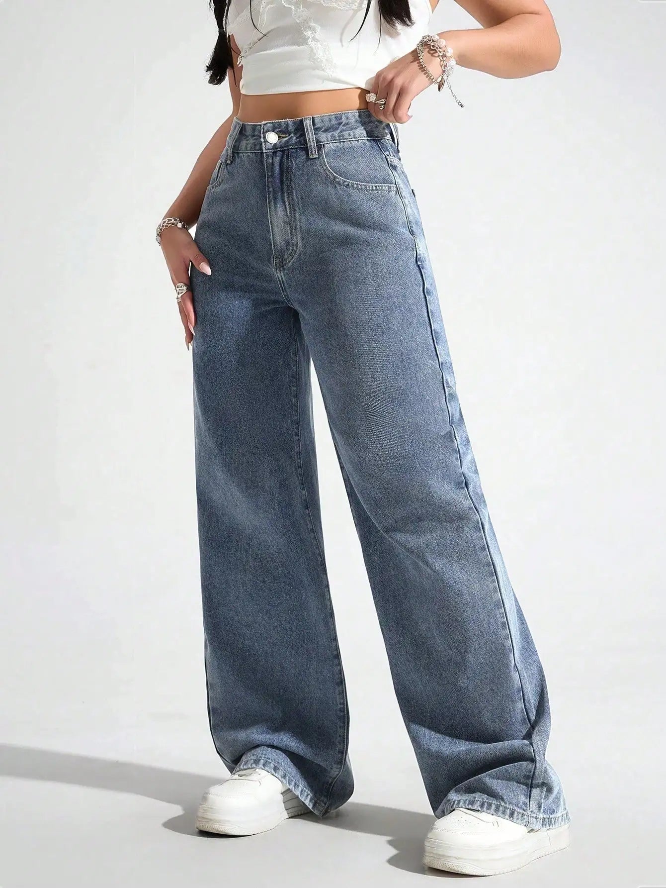 High Waist Wide Leg Black Denim Jeans for Women, Casual Streetwear Style