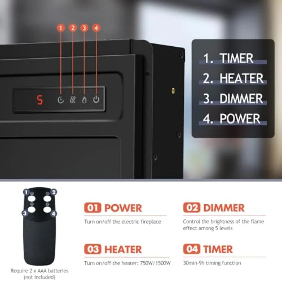 18 Electric Fireplace Insert Heater Wall Recessed/Mounted Fire Places Electric Fireplace with Remote 2 Modes Heat 9H Timer 5 Br