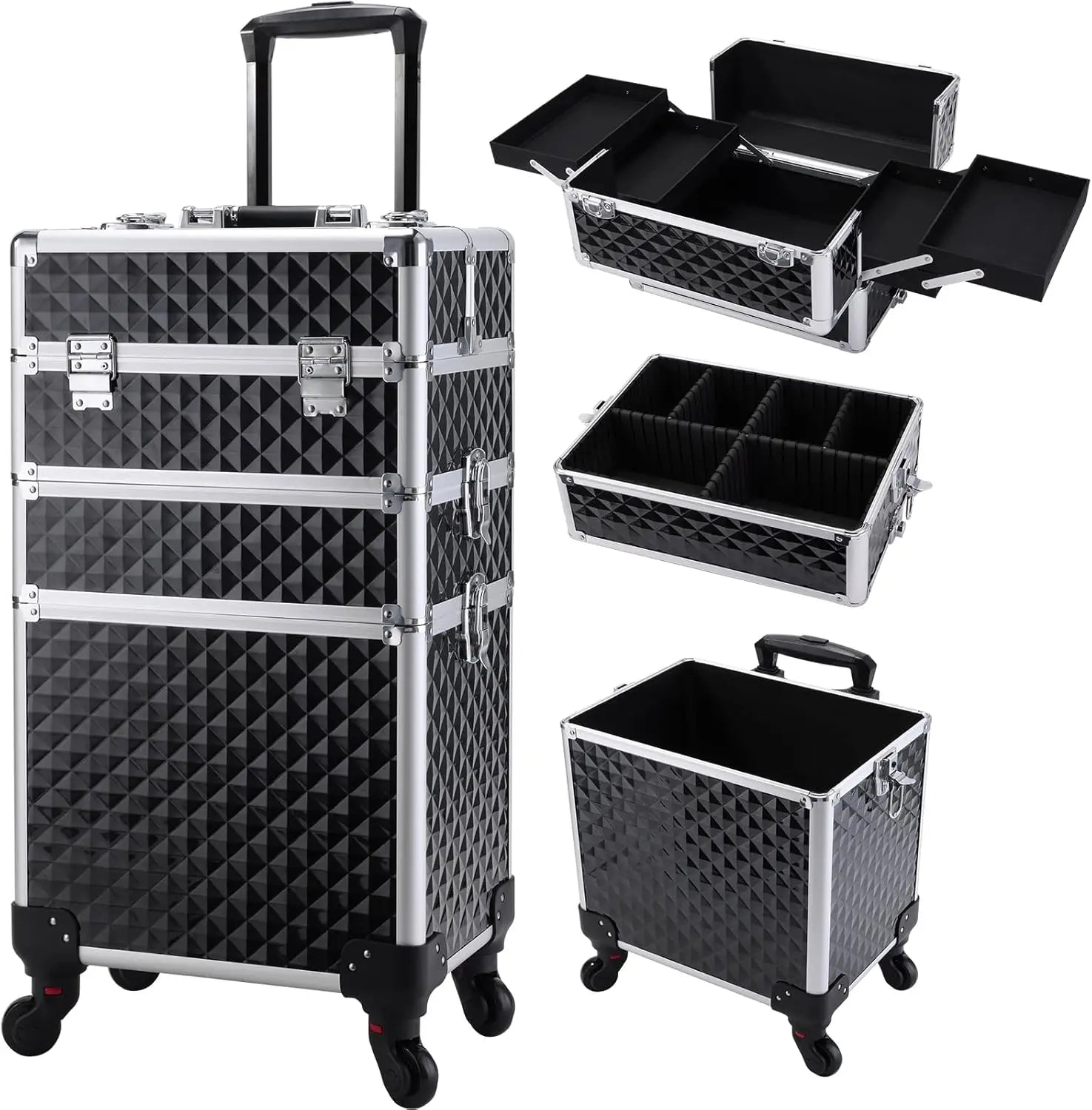 3-in-1 Rolling Makeup Case with Swivel Wheels, Large Storage for Salon Travel, Vintage Black