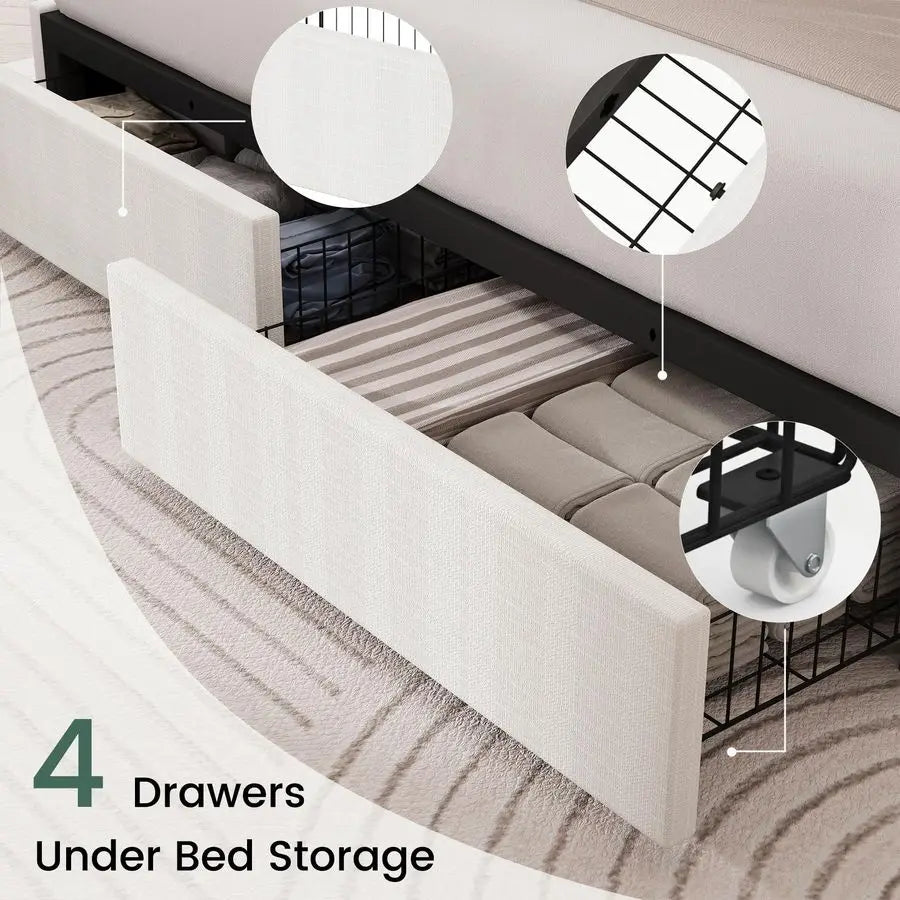 Queen Size Bed Frame with 4 Storage Drawers and Wingback Headboard Linen Upholstered Platform Bed Frame with Wooden Slats, Easy