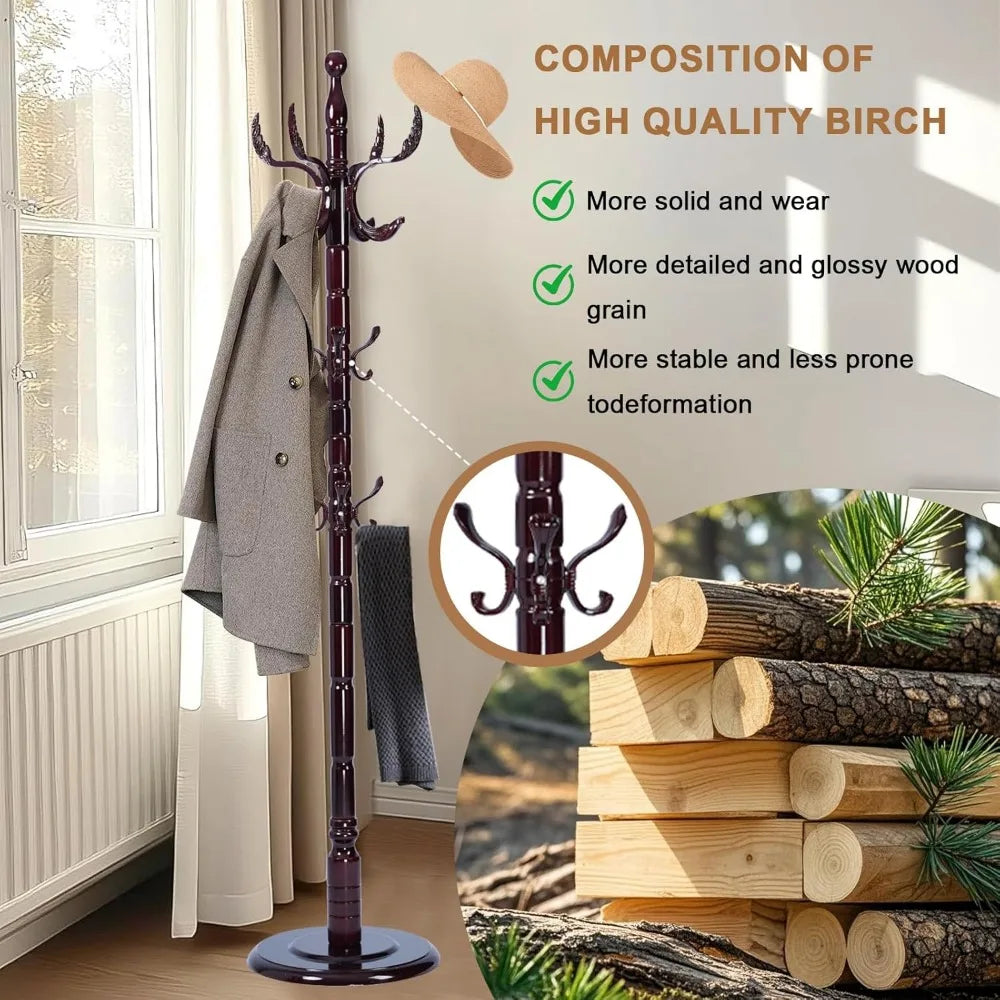 Solid Wood Coat Rack, Free Standing Hall Coat Tree with 14 Hooks, 3 Height Options, 300lbs Load, Stury Base, Clothes Rack for En