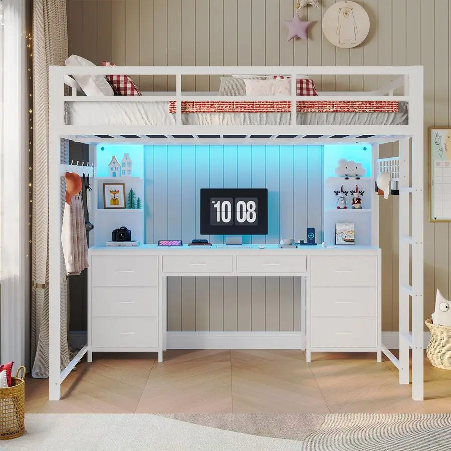 Full Size Loft Bed with Desk and 8 Storage Drawers, Metal Loft Beds Full with LED Lights amp Charging Sation, Heavy Duty Loft Be
