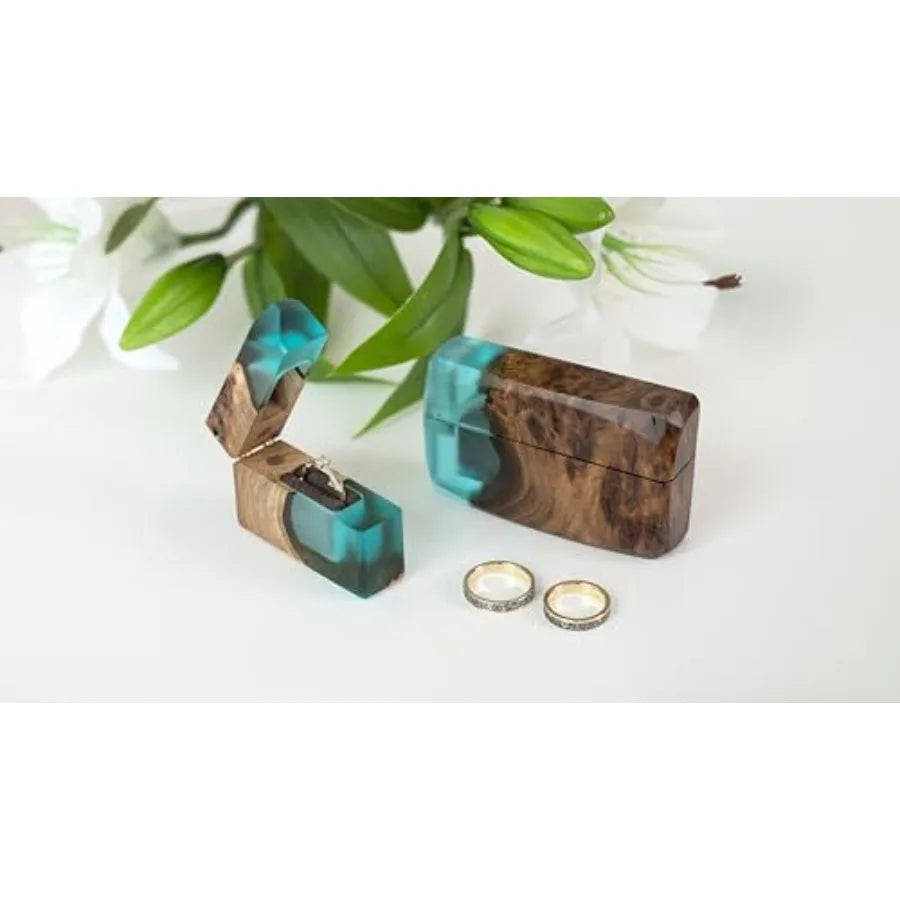 Engagement Ring Box Double Rings - Unique Jewelry Box and Organizer Epoxy and Wood Handmade Display Case for Women Girlfrie