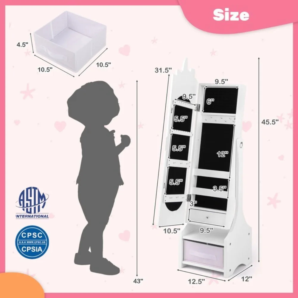 2-in-1 Kids Jewelry Organizer Armoire Cabinet w/Storage and Full-Length Mirror