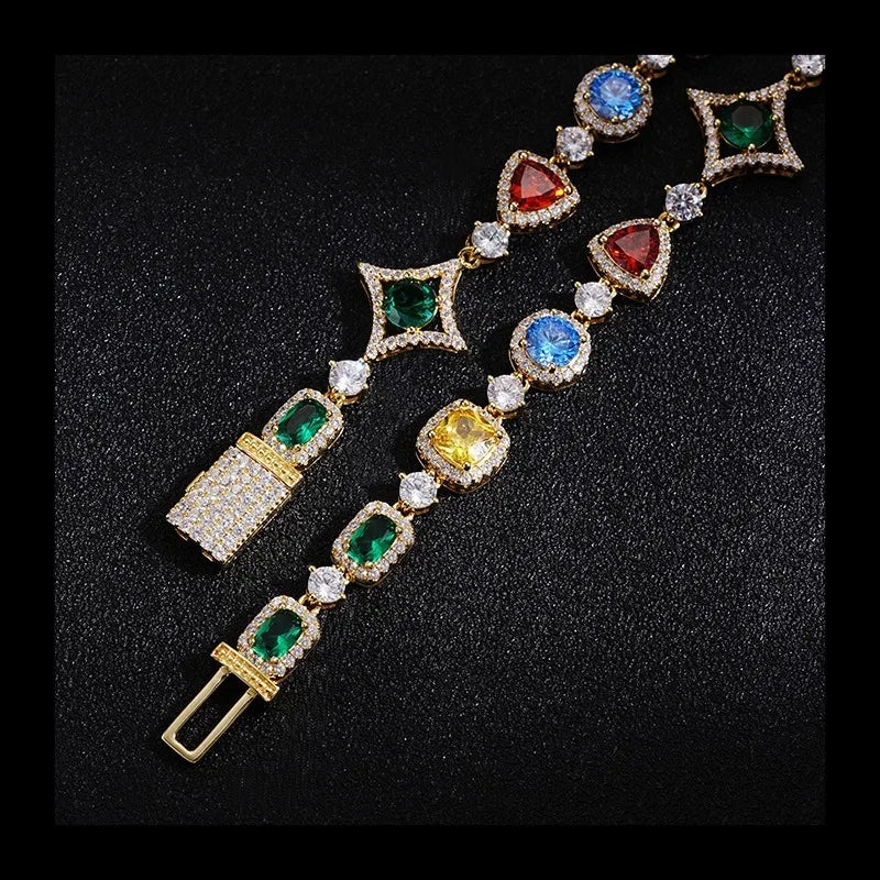 Colored Gemstone Tennis Chain, Hot-selling Diamond-encrusted Hip-hop Necklace, Niche Bracelet.