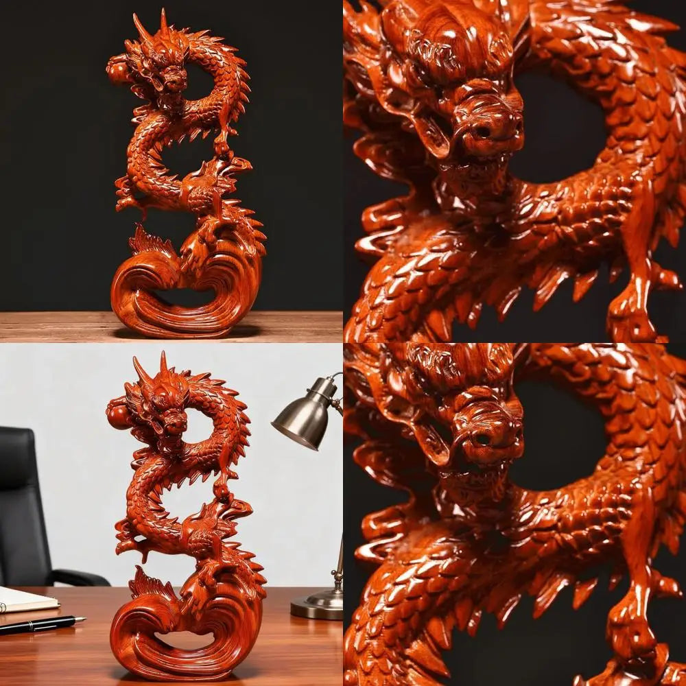 Red 11 Wood Chinese Dragon Statue: Attract Wealth & Good Luck for Home or Office Decor