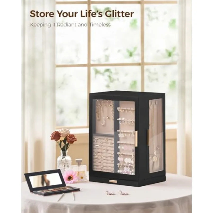 360° Rotating Jewelry Box with 9 Drawers Spacious Vertical Jewelry Organizer with Glass Window Jewelry Storage Case Dustproof a